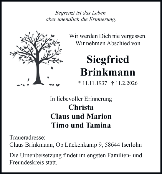 Traueranzeige von Siegfried Brinkmann von Tageszeitung