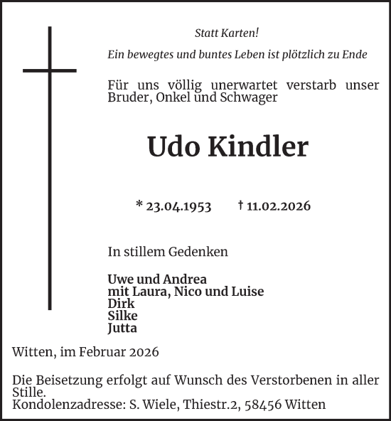 Traueranzeige von Udo Kindler von Tageszeitung