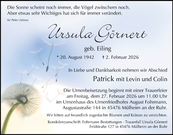 Traueranzeige von Ursula Görnert von Tageszeitung