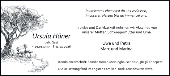 Traueranzeige von Ursula Höner von Tageszeitung