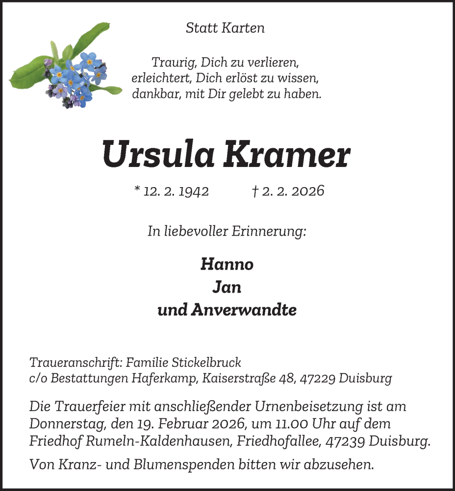  Traueranzeige für Ursula Kramer vom 14.02.2026 aus Tageszeitung