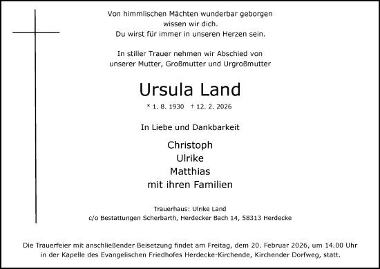 Traueranzeige von Ursula Land von Tageszeitung