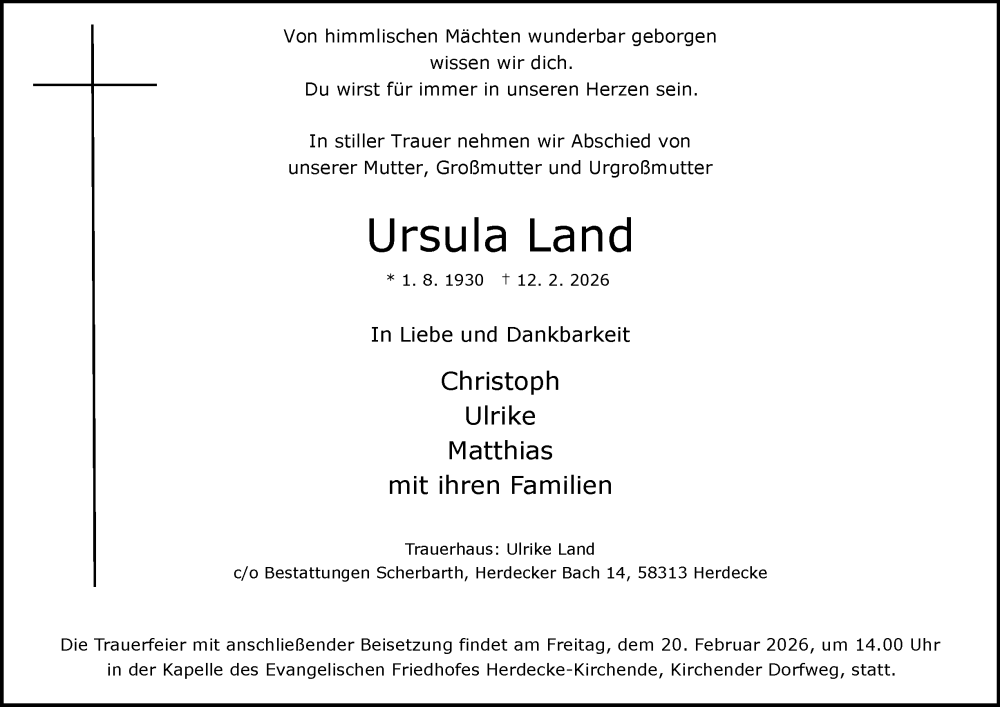  Traueranzeige für Ursula Land vom 18.02.2026 aus Tageszeitung