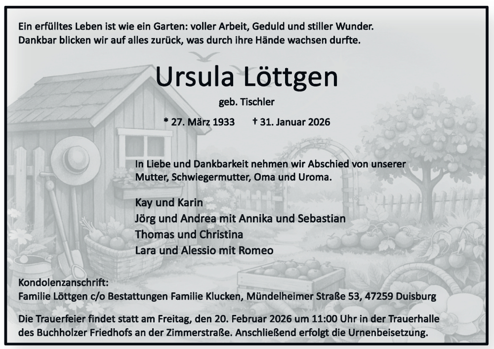  Traueranzeige für Ursula Löttgen vom 18.02.2026 aus Tageszeitung