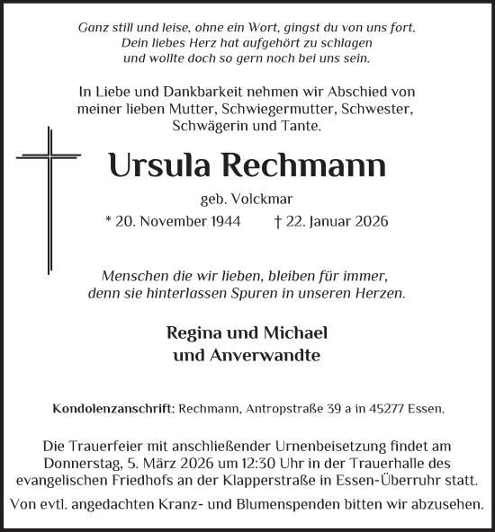 Traueranzeige von Ursula Rechmann von Tageszeitung