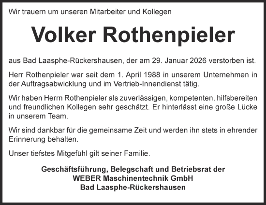Traueranzeige von Volker Rothenpieler von Tageszeitung