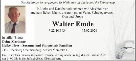 Traueranzeige von Walter Emde von Tageszeitung