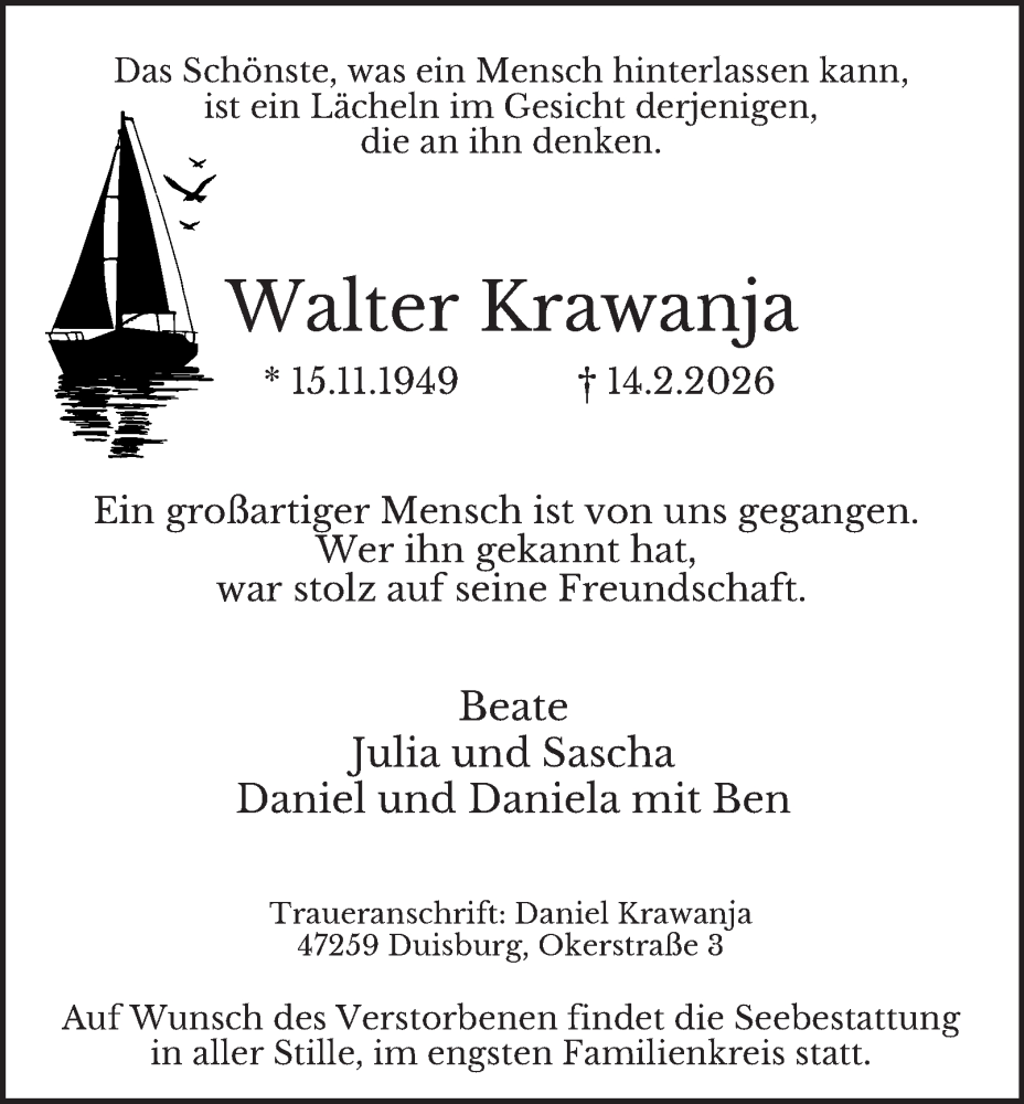  Traueranzeige für Walter Krawanja vom 21.02.2026 aus Tageszeitung