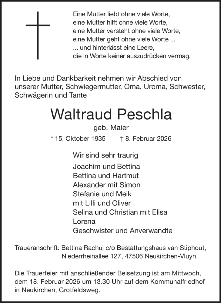  Traueranzeige für Waltraud Peschla vom 14.02.2026 aus Tageszeitung