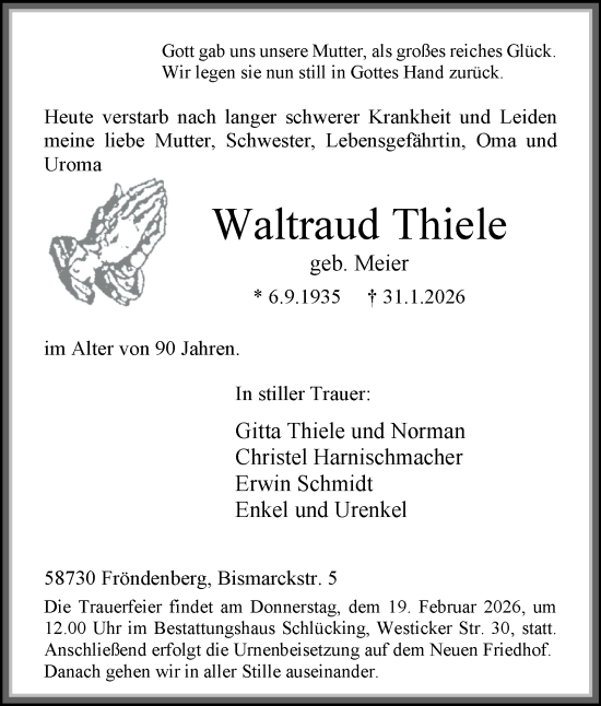 Traueranzeige von Waltraud Thiele von Tageszeitung