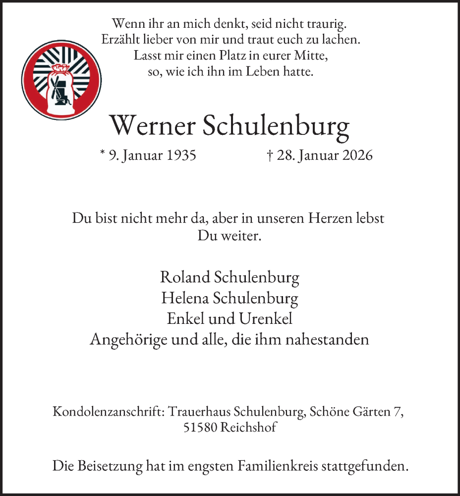  Traueranzeige für Werner Schulenburg vom 07.02.2026 aus Tageszeitung