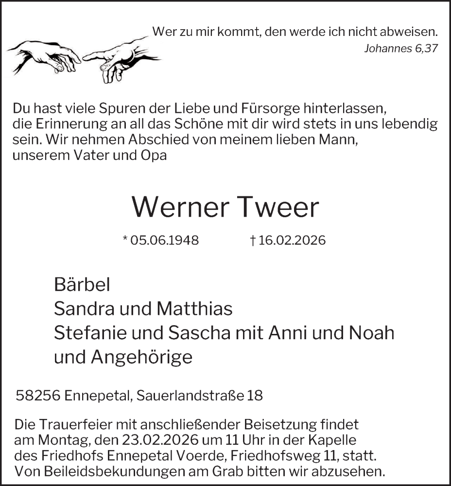  Traueranzeige für Werner Tweer vom 20.02.2026 aus Tageszeitung