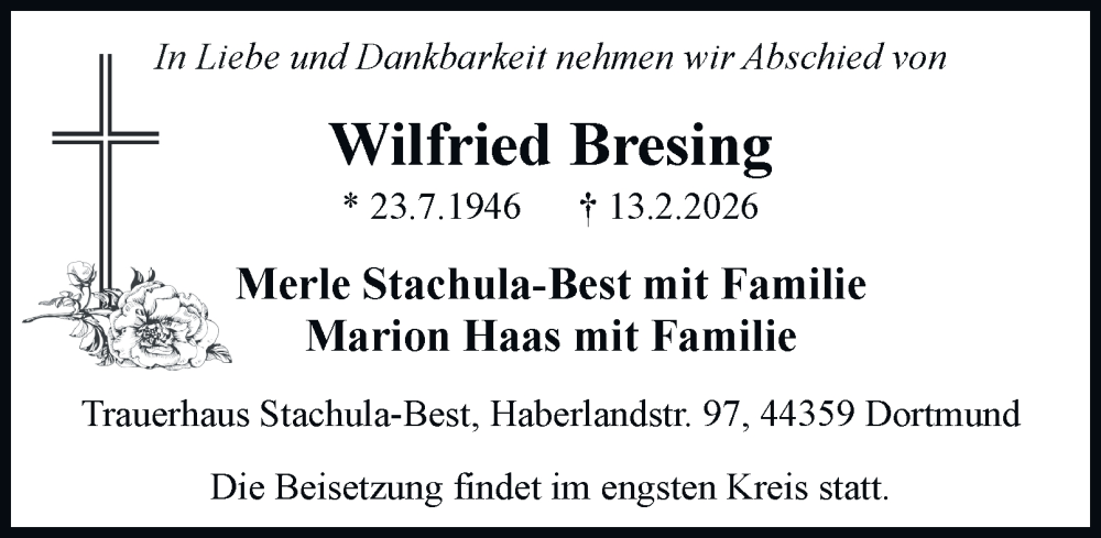  Traueranzeige für Wilfried Bresing vom 19.02.2026 aus Tageszeitung
