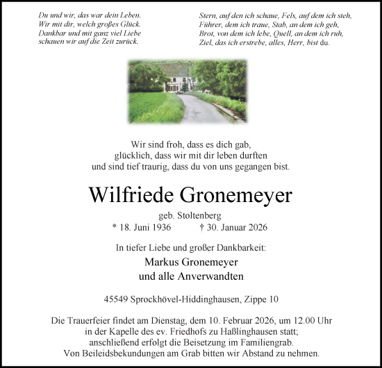Traueranzeige von Wilfriede Gronemeyer von Tageszeitung