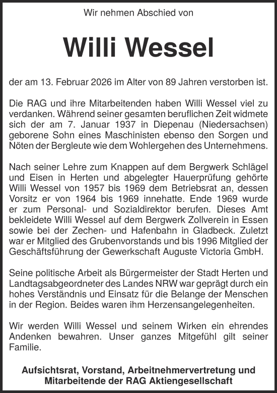 Traueranzeige von Willi Wessel von Tageszeitung