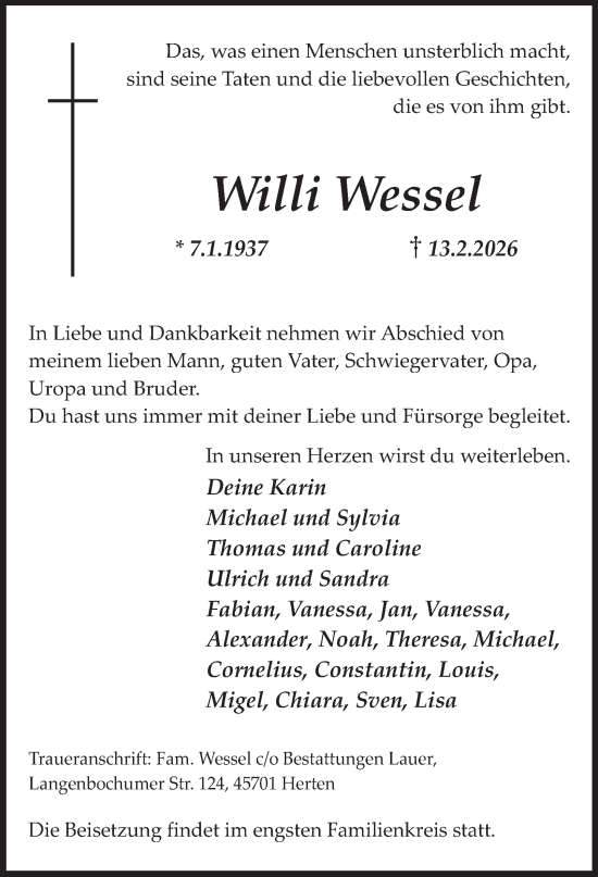 Traueranzeige von Willi Wessel von Tageszeitung