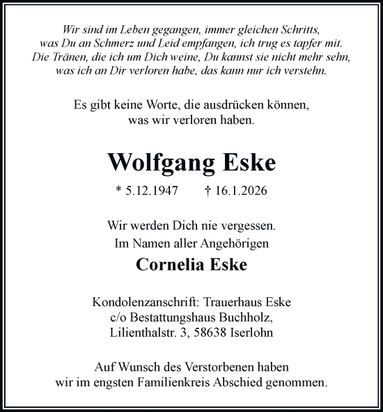 Traueranzeige von Wolfgang Eske von Tageszeitung