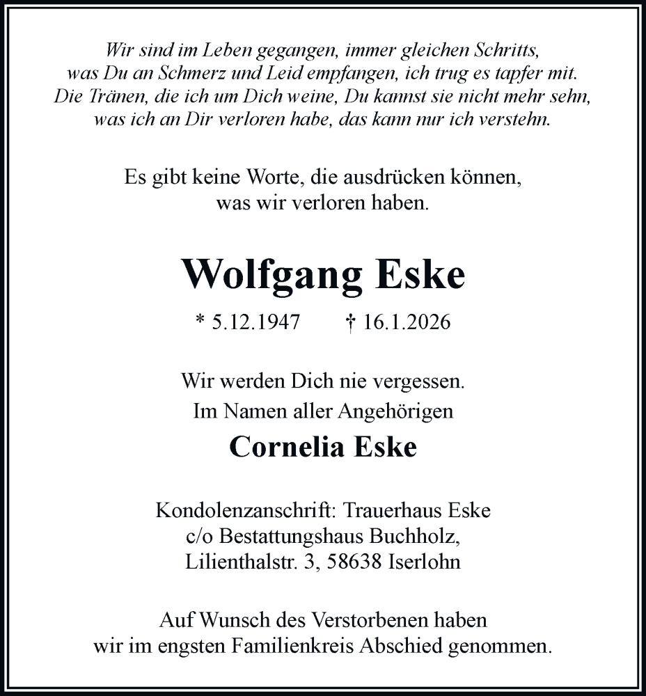  Traueranzeige für Wolfgang Eske vom 07.02.2026 aus Tageszeitung