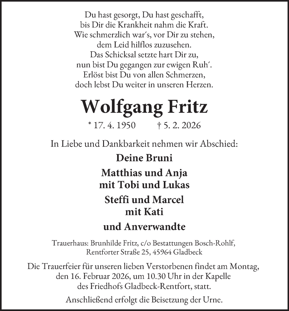  Traueranzeige für Wolfgang Fritz vom 14.02.2026 aus Tageszeitung
