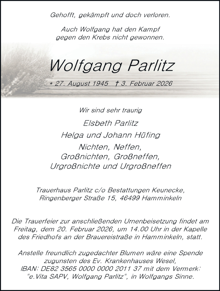  Traueranzeige für Wolfgang Parlitz vom 14.02.2026 aus Tageszeitung