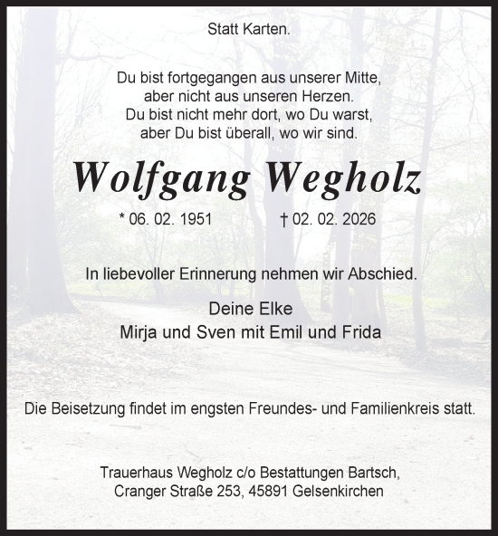 Traueranzeige von Wolfgang Wegholz von Tageszeitung