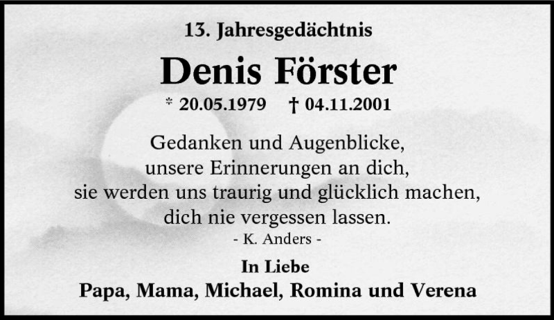  Traueranzeige für Dennis Förster vom 04.11.2014 aus Tageszeitung