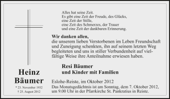 Traueranzeige von Heinz Bäumer von Tageszeitung