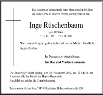 Traueranzeige von Inge Rüschenbaum von Tageszeitung