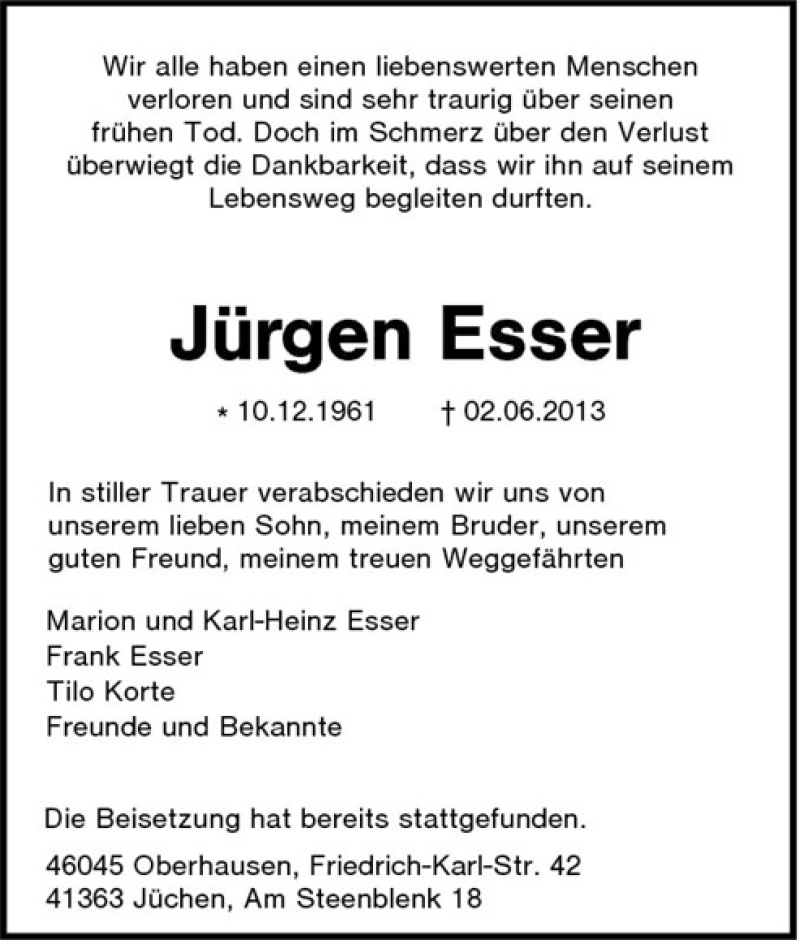  Traueranzeige für Jürgen Esser vom 15.06.2013 aus Tageszeitung