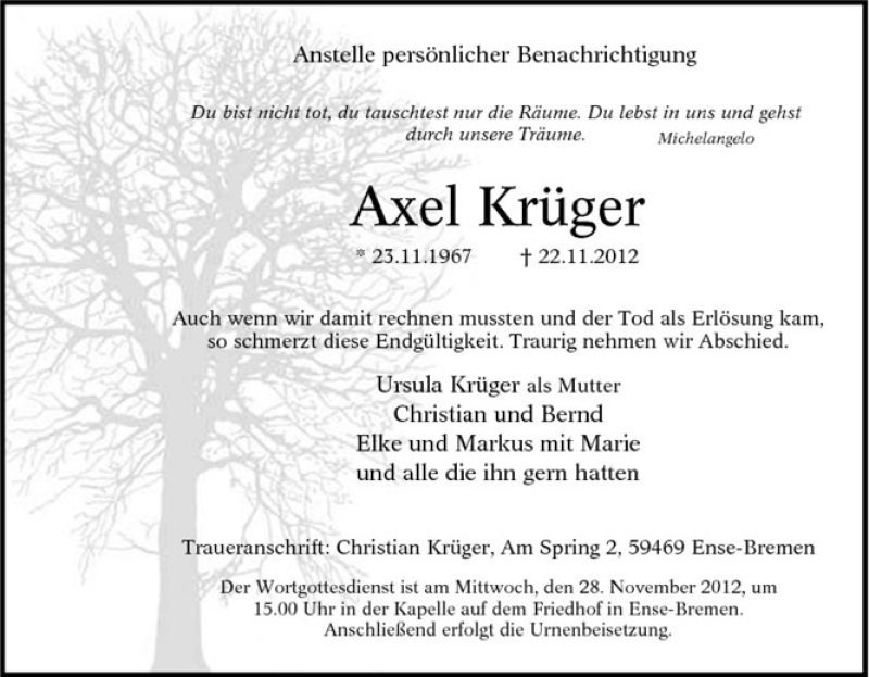  Traueranzeige für Axel Krüger vom 23.11.2012 aus Tageszeitung