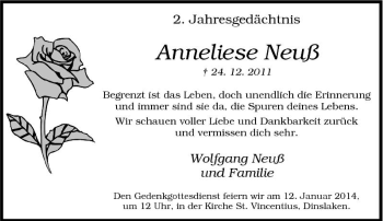 Traueranzeige von Anneliese Neuß von Tageszeitung