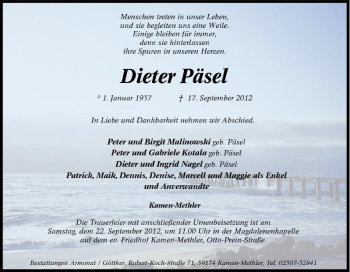 Traueranzeige von Dieter Päsel von Tageszeitung