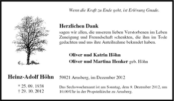 Traueranzeige von Heinz-Adolf Höhn von Tageszeitung