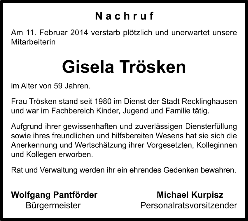  Traueranzeige für Gisela Trösken vom 22.02.2014 aus Tageszeitung