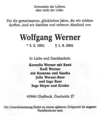 Traueranzeige von Wolfgang Werner von Tageszeitung