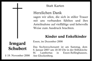 Traueranzeige von Irmgard Schubert von Tageszeitung