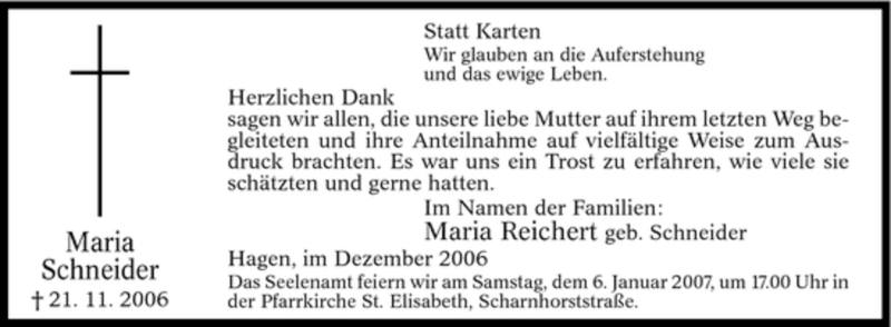  Traueranzeige für Maria Schneider vom 30.12.2006 aus Tageszeitung