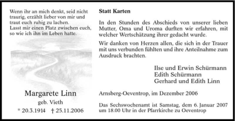  Traueranzeige für Margarete Linn vom 30.12.2006 aus Tageszeitung