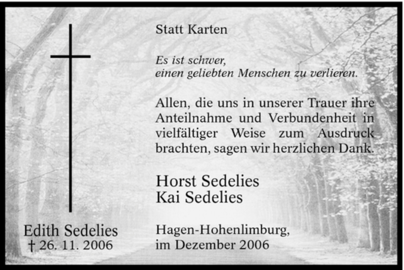  Traueranzeige für Horst Sedelies vom 30.12.2006 aus Tageszeitung