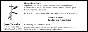 Traueranzeige von Josef Kiesler von Tageszeitung