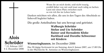 Traueranzeige von Alois Schröder von Tageszeitung