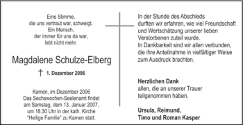 Traueranzeige von Magdalene Schulze-Elberg von Tageszeitung