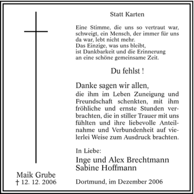  Traueranzeige für Maik Grube vom 30.12.2006 aus Tageszeitung
