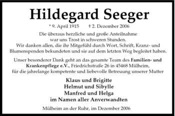 Traueranzeige von Hildegard Seeger von Tageszeitung
