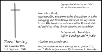 Traueranzeige von Herbert Isenberg von Tageszeitung