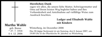 Traueranzeige von Martha Wahle von Tageszeitung
