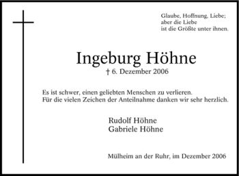 Traueranzeige von Ingeburg Höhne von Tageszeitung