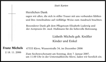 Traueranzeige von Franz Michels von Tageszeitung