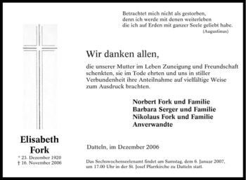 Traueranzeige von Elisabeth Fork von Tageszeitung
