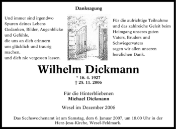 Traueranzeige von Wilhelm Dickmann von Tageszeitung
